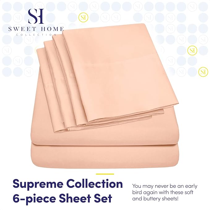 Sweet Home Collection 6 Piece Bed Sheet Set, Queen, Peach