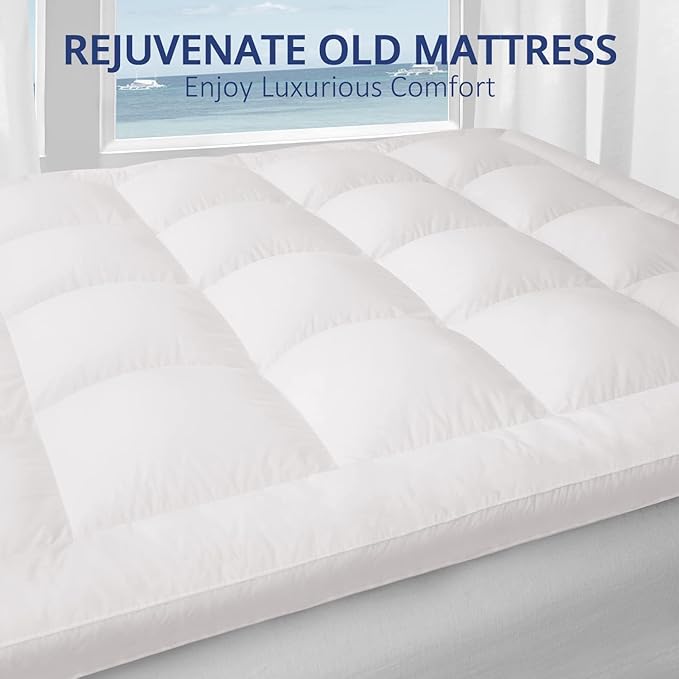 ELEMUSE 1300 GSM Overfilled Mattress Topper Queen with Baffle Box Design,Extra Thick Cooling Pillow Top Pad, 400TC Cotton Cover, Plush & Support Snow Down Alternative, White