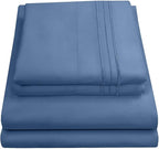 RV Queen Bed Sheets - Breathable Luxury Sheets with Full Elastic & Secure Corner Straps Built In - 1800 Supreme Collection Extra Soft Deep Pocket Bedding Set, Sheet Set, RV Short Queen, Denim