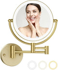 Matte Gold Wall Mounted Makeup Mirror with Lights and 10X Magnification, 8" Rechargeable 2-Sided 3-Colors, Touch Dimmable Extended Arm 360 Rotation, Foldable Vanity Cosmetic Shaving Mirror Bathroom