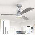 Sofucor 52 Inch Smart Ceiling Fans with Lights and Alexa/Google Assistant/APP/Remote Control-Modern Solid Wood Outdoor 3 Blades Ceiling Fan for Bedroom Living Room Indoor Farmhouse Patio, Silver Grey