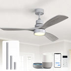 Sofucor 52 Inch Smart Ceiling Fans with Lights and Alexa/Google Assistant/APP/Remote Control-Modern Solid Wood Outdoor 3 Blades Ceiling Fan for Bedroom Living Room Indoor Farmhouse Patio, Silver Grey