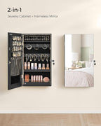 SONGMICS Mirror Jewelry Cabinet Armoire with Built-in LED Lights, Wall or Door Mounted Jewelry Storage Organizer, 3.8 x 14.6 x 26.4 Inches Hanging Mirror Cabinet, Gift Idea, Black UJJC050B01