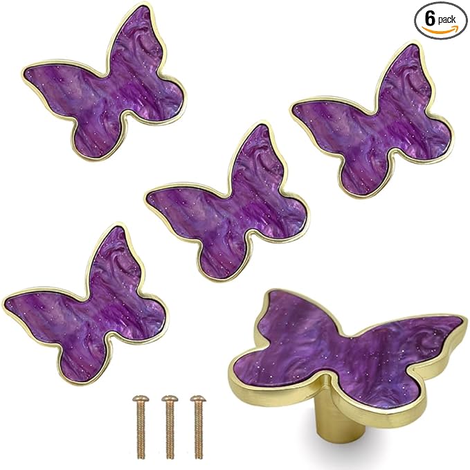 6 pcs Butterfly Shape Knobs Handle Gold Cabinet Knobs Decoration Door Handle Single Hole Handles Cabinet Drawer Dresser Kitchen Wardrobe Furniture Hardware Pulls (Purple)