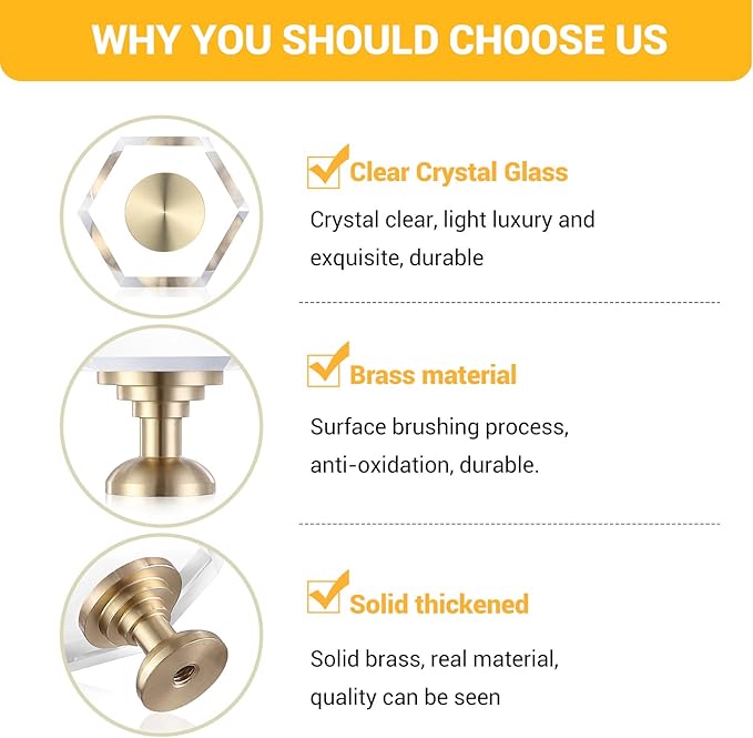 12-Pack Brass Base Crystal Drawer Knobs,Glass Crystal Gold Cabinet Knobs,1-5/16-Inch Hexagon,Kitchen Hardware Pulls, Modern Bathroom Hardware knob