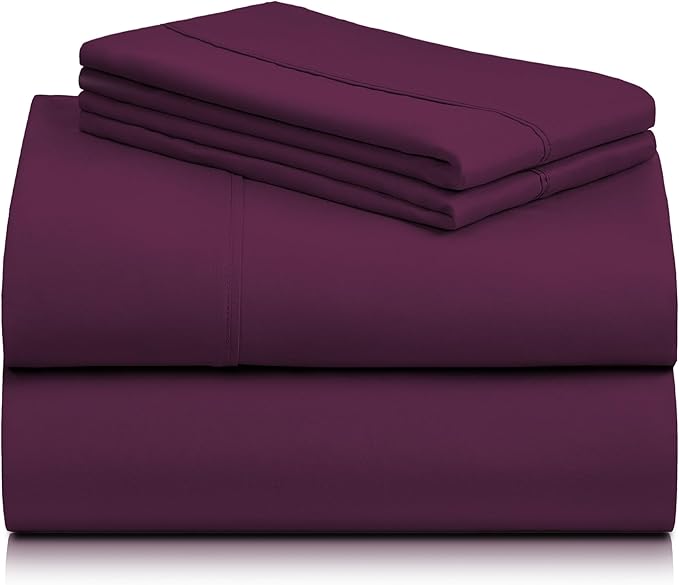 LuxClub 4 PC Queen Sheet Set, Deep Pockets Wrinkle Free Cooling Bed Sheets Hotel Bedding for Women, Men, Kids & Teens, Includes 1 Fitted Sheet, 1 Flat Sheet and 2 Pillowcases - Silky Soft Eggplant
