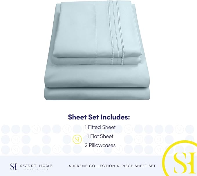 Split King Sheets - Breathable Luxury Sheets with Full Elastic & Secure Corner Straps Built In - 1800 Supreme Collection Extra Soft Deep Pocket Bedding Set, Sheet Set, Split King Size, Light Blue