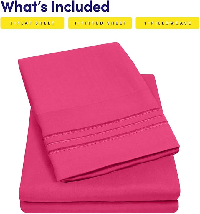 Sweet Home Collection Twin Size Sheet Set with Built-in Sheet Straps - Deep Pocket Fitted Sheet, Flat Sheet & Pillowcases - Soft, Wrinkle-Free, Secure Fit - Fuschia