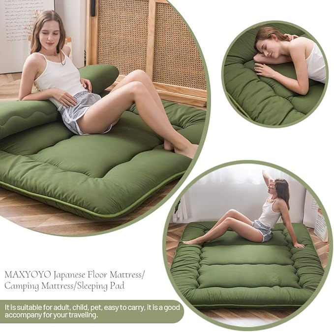 MAXYOYO Japanese Floor Mattress Futon Mattress, Thicken Tatami Mat Shiki Futon Sleeping Pad Foldable Roll Up Mattress Guest Mattress Pad Floor Lounger Bed, Green, King