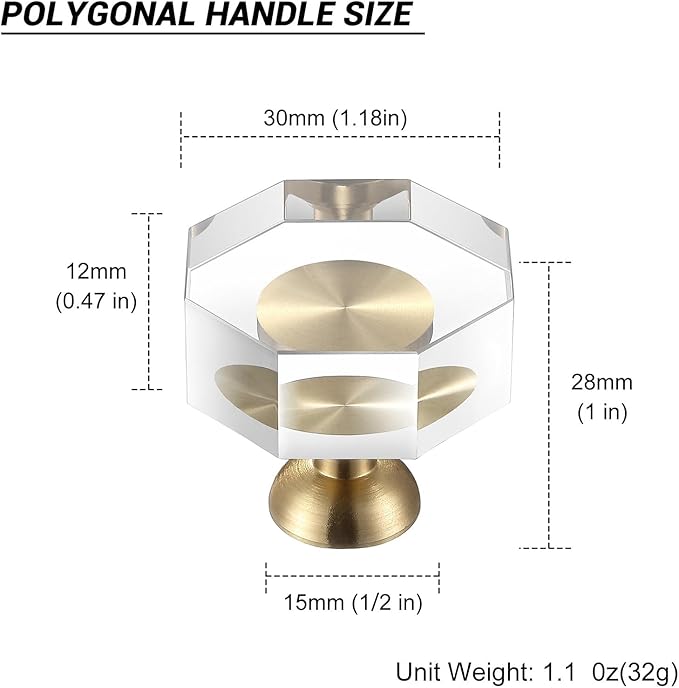 24-Pack 1-1/4-Inch Gold knob Dresser knobs White Cabinet Glass Crystal knobs Brass Drawer Polygonal Dresser Pulls, Drawer pulls