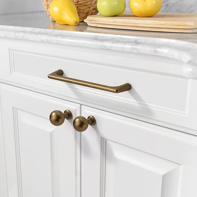 Amerdeco 10 Pack Antique Brass Cabinet Knobs Single Hole Cabinet Pulls Round Kitchen Cabinet Knobs Solid Drawer Knobs Dresser Knobs and Pulls for Bathroom Cabinets ZH0041