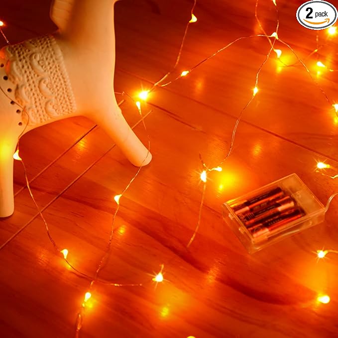 Mikasol Fairy Lights Battery Operated, 2 Pack Mini 3*AAA Battery Powered Copper Wire Led Starry String Lights Firefly Lights for Bedroom, Christmas, Parties, Decoration (5m/16ft Orange)