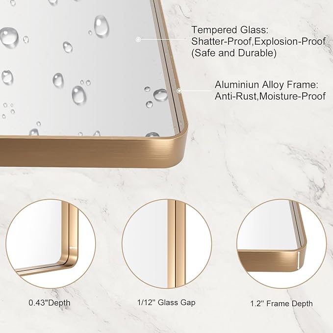 LOAAO 30”X36” Gold Bathroom Mirror, Rounded Rectangle Gold Frame Mirror, Brushed Gold Bathroom Vanity Mirror Wall-Mounted, Anti-Rust, Tempered Glass, Hangs Horizontally or Vertically