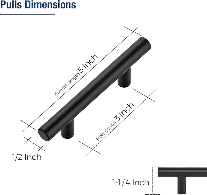 JOY DECOR 20 Pack Cabinet Handles, Black Cabinet Pulls, 3 in Hole Center Kitchen Hardware, Stainless Steel T Bar Handles for Dresser Drawers
