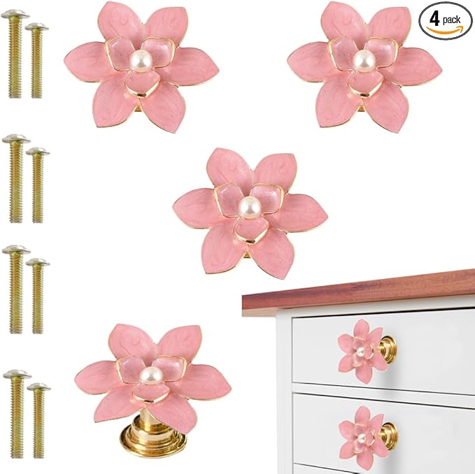 4 Pcs Petal Cabinet Knobs，Zinc Alloy Flower Shape Single Hole Knob with Screws for Dresser Handles Cabinet Wardrobe Door Handle Decorative Furniture (Pink Flower Pearl)