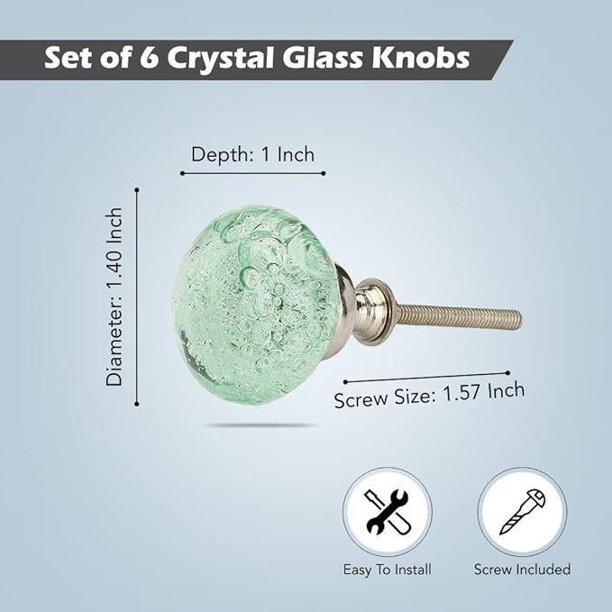 Perilla Home Set of 6 Bubble Knobs - Decorative Light Green Crystal Knobs - Glass Knob for Home Decor, Interior, Kitchen Cabinet, Hardware, Cupboard, Door, Dresser, Wardrobe and Drawer Pulls Handles