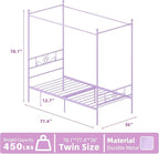 Weehom Twin Canopy Bed Frame with Headboard and Footboard, 4 Posters Metal Bed Frame, No Box Spring Needed, Mattress Foundation Platform Bed for Kids and Adults, Purple