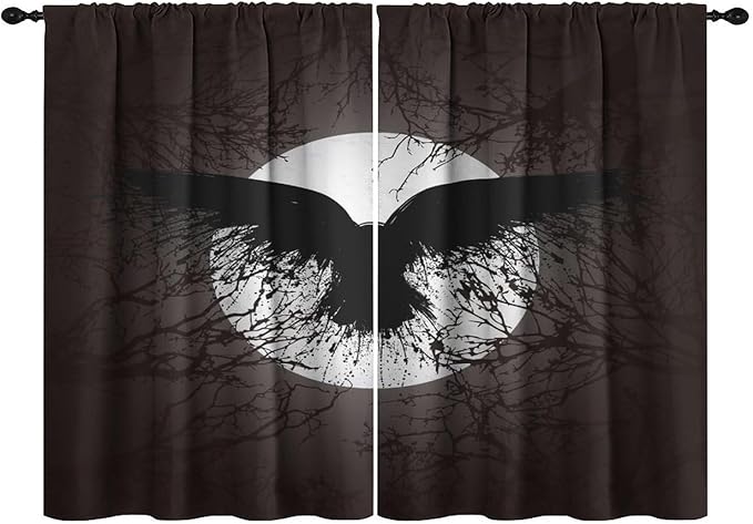 Cool Raven Print Blackout Curtains for Living Room,Vintage Nordic Viking Theme Dead Tree Crow Full Moon Rod Pocket Thermal Insulated Room Darkening Curtains 2 Panels 63L x 42W