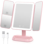 Rechargeable Trifold Makeup Mirror with Lights, 1X/3X/5X Magnification, Cordless 3-Color LED Vanity Mirror for Travel & Desk, Up to 20H Use, Ideal Gift for Women & Teens - Pink
