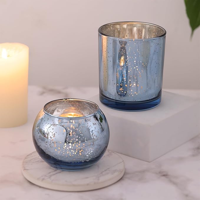 20 Pcs Assorted Blue Votive Candle Holders, Larger Size Mercury Glass Candle Holder Bulk, Glass Tea Light Candle Holders for Wedding Decorations, Blue Centerpieces for Tables, Baby Shower