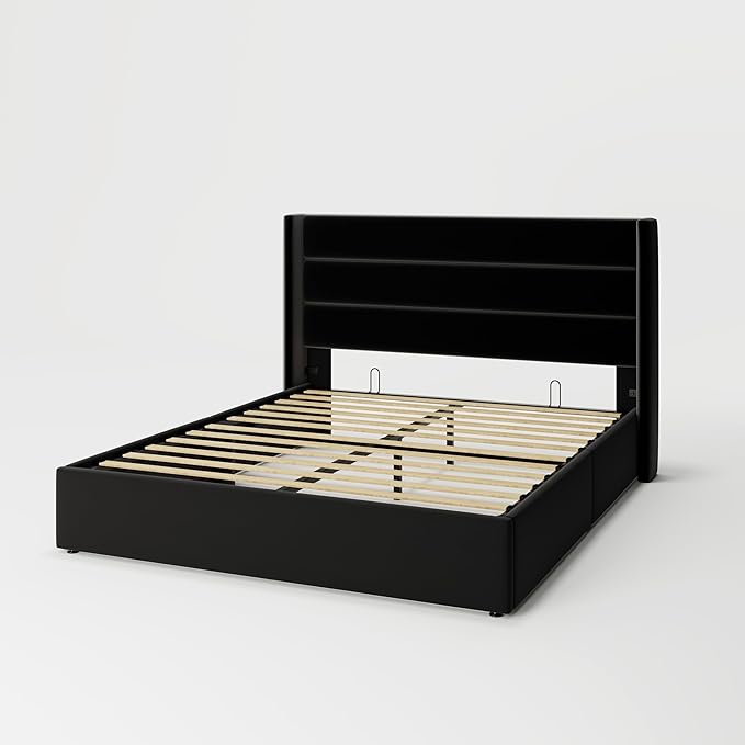 Allewie Queen Size Velvet Lift Up Storage Bed, Modern Wingback Headboard, Hydraulic Support, No Box Spring Needed, Black