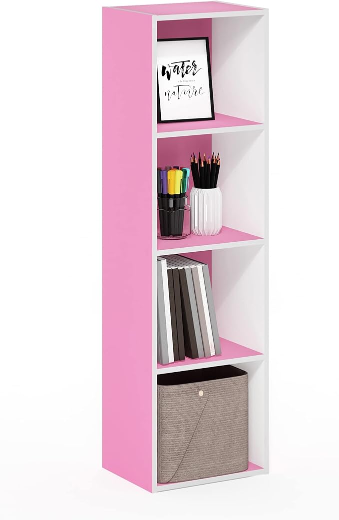 Furinno PASIR Book Shelf, 4-Tier Modern Bookshelf, Open Shelves Bookcase 9" x 12" x 42", for Living Room, Bedroom, Home Office, Pink/White