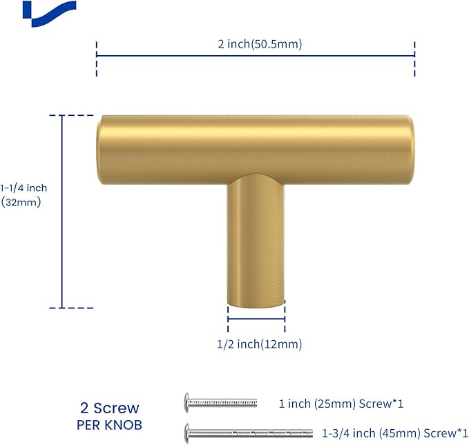 LONTAN 6 Pack Gold Cabinet Knobs and Pulls Brushed Gold Dresser Drawer Knobs Brushed Brass Knobs for Dresser Bathroom Cabinet Door Hardware, Stainless Steel