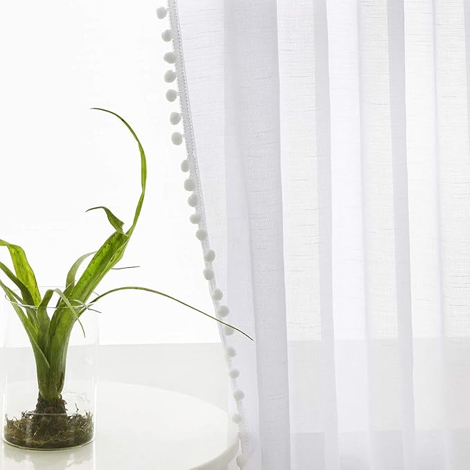 Treatmentex Pom Pom White Sheer Curtains for Living Room 63" Linen Texture Rod Pocket Window Sheers 52" w x 2 Panels, Rod Pocket Drapes