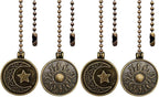 Copper Ceiling Fan Pull Chain Set, Decorative Totem Fan Pull Chain Pendant Extension, 12 Inches Lighting & Fan Beaded Ball Chain Extender Ornament with Connector, Moon and Sun (4Pack)