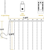 YEOLEH String Lights Curtain,7.9 x 5.9Ft 144LEDs USB Powered Fairy Lights for Bedroom Wall Decor,8 Modes & IP64 Waterproof Ideal for Outdoor Indoor Home Garden Party Holiday Halloween Room,Warm White