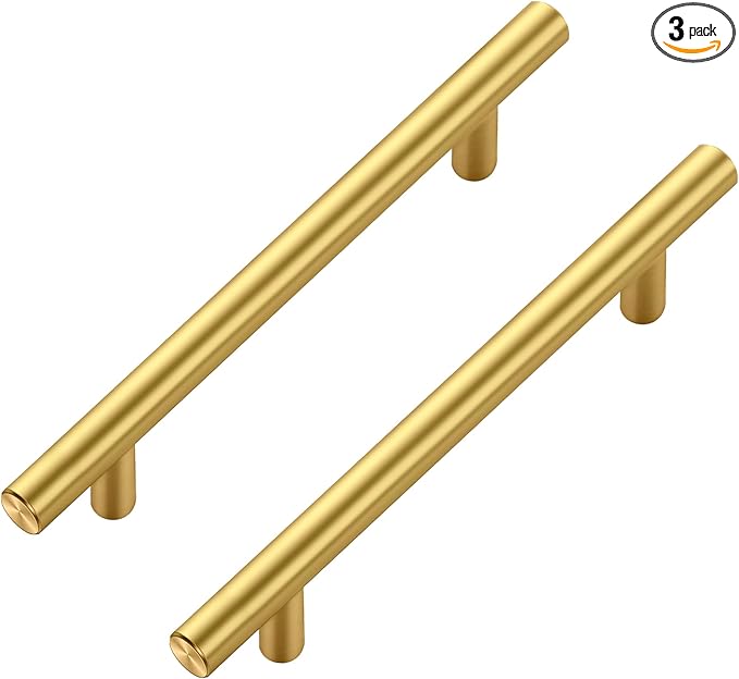 JOY DECOR 3 Pack Cabinet Handles, Gold Cabinet Pulls, 5 in Hole Center Kitchen Cabinet Handles, Stainless Steel T Bar Handles for Dresser Drawers
