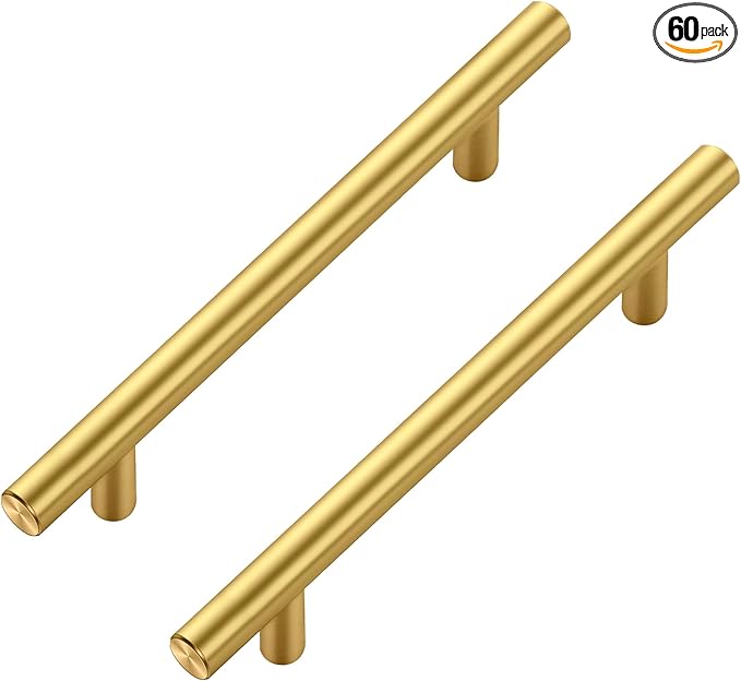 JOY DECOR 60 Pack Cabinet Handles, Gold Cabinet Pulls, 5 in Hole Center Kitchen Cabinet Handles, Stainless Steel T Bar Handles for Dresser Drawers