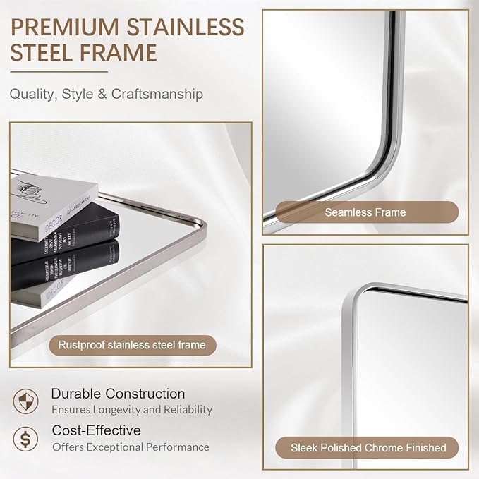 ANDY STAR 40”X30” Chrome Bathroom Mirror, Polished Chrome Bathroom Vanity Mirror, Rounded Rectangle Mirrors for Wall, SUS304 Anti-Rust Tube Metal Frame, Wall Mounted Horizontal/Vertical 1’’ Deep