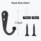 Coat Hooks-52 Pack Farmhouse Hooks with 104Pcs Screws, Black Decorative Rustic Coat Hooks Rack, Wall Mounted Single Prong Robe Hook, Vintage Organizer Hanging Wire Hook Clothes Hanger