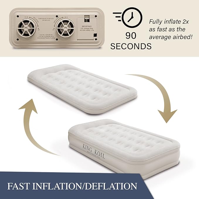 King Koil Luxury Twin Air Mattress with Built-in High Speed Pump for Camping, Home & Guests - 16" Twin Size Double High Airbed Luxury Inflatable Blow Up Mattress Waterproof