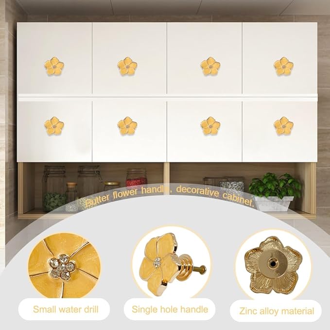 4 pcs Petal Knob Handle Unique Zinc Alloy Flower Shape Single Hole Knob Handle for Cabinets,Drawers, Wardrobes Furniture Decoration(Yellow)