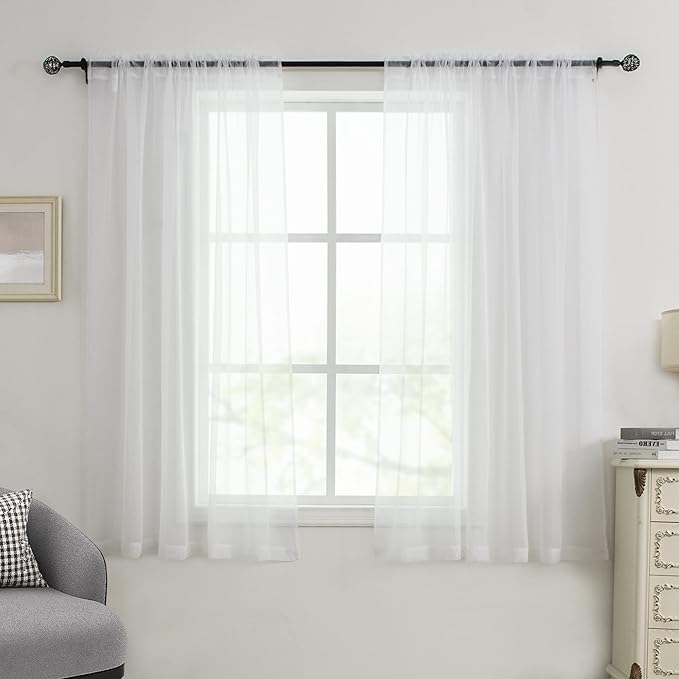HUTO 2 Panels Small White Sheer Curtains 45 inches Long Rod Pocket Sheer Window Drapes Panels for Kitchen Bathroom