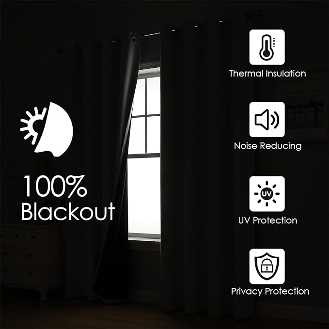 ChrisDowa White 100% Blackout Curtains for Bedroom with Black Liner, 2 Thick Layers Total Blackout Thermal Insulated Grommet Long Window Curtains 2 Panels Set (Pure White, 52 x 95 Inch)