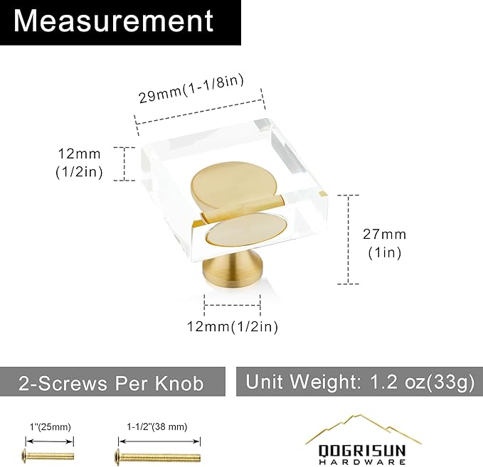 QOGRISUN 2-Pack Brass Crystal Cabinet Knobs,Glass Crystal Gold Drawer Knobs,1-1/8-Inch Square,Decorative Dresser Pulls, Modern Cabinet Hardware