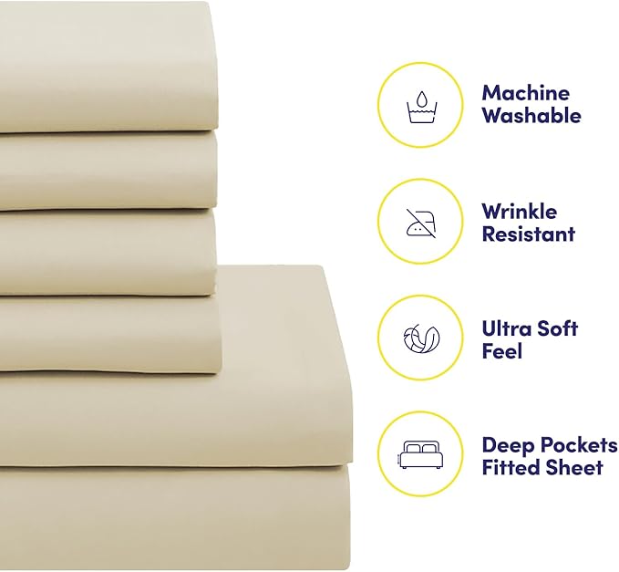 King Size Comforter Set with Sheets - 7-Piece Bedding Collection - 1 Comforter, 1 Fitted Sheet, 1 Flat, 4 Pillowcases - Deep Pocket - Soft & Breathable Premium Quality - Ideal for All Seasons, Beige