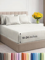Extra Deep King Sheet Set - 6 Piece Breathable and Cooling Sheets - Hotel Luxury Bed Sheets Set - Easy Fit - Soft, Wrinkle Free and Comfy Sheets Set - Beige Striped Sheet Set with Extra Deep Pockets