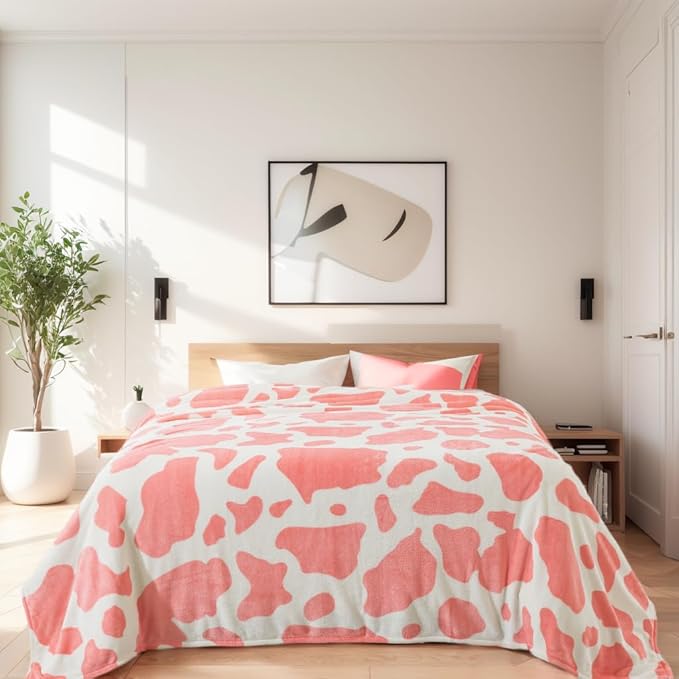 Fleece Cow Print Blanket Queen Size for All Season - Premium Lightweight Anti-Static Super Soft Cozy Plush Cow Blankets for Queen/Full Bed,90" x 90"(Pink Cow)