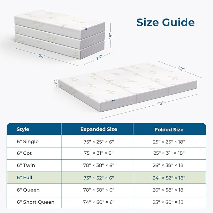 Inofia Full Folding Mattress, 6 Inch Trifold Memory Foam Mattress with Ultra Soft Removable Cover, Foldable & Portable Full Size Bed (73" x 52" x 6")