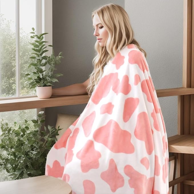 Fleece Cow Print Blanket for All Season - Premium Lightweight Anti-Static Pink and Ivory Twin/Twin XL Size Extra Long Blankets,Bedroom Decor 66" x 90"(Pink Cow)