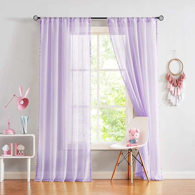 Treatmentex Pom Pom Sheer Curtains for Bedroom 95inches Long Linen Textured Window Voile Drapes Lilac Rod Pocket 1 Pair