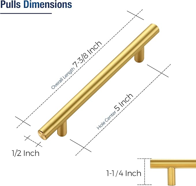 JOY DECOR 3 Pack Cabinet Handles, Gold Cabinet Pulls, 5 in Hole Center Kitchen Cabinet Handles, Stainless Steel T Bar Handles for Dresser Drawers