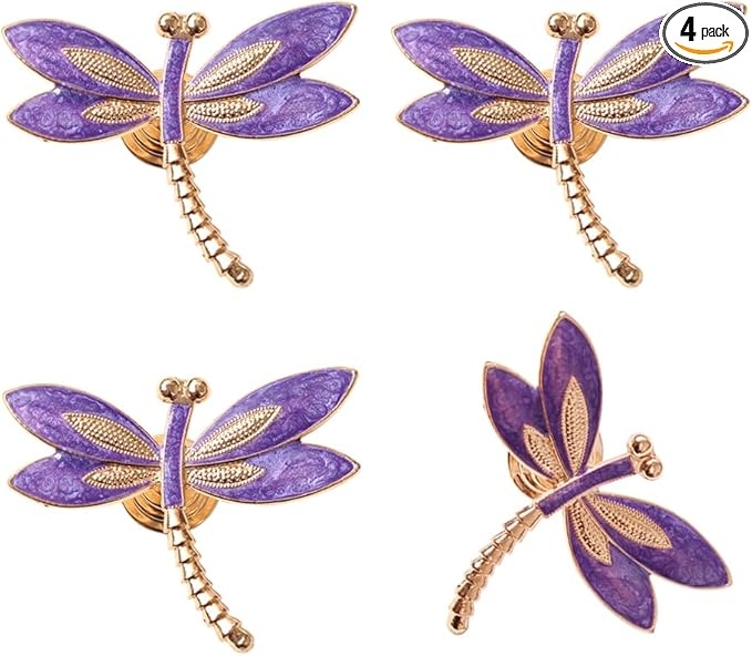 Lovely Dragonfly Cabinet Knobs Purple 4Pcs Animal Pull Single Hole Handle for Door Closet Drawer Cupboard Dresser Wardrobe Furniture Kitchen Modern Home Office