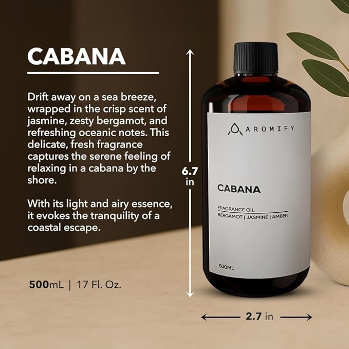 Cabana Diffuser Oil,16.9 FL Oz, 500 mL Diffuser Fragrance Oil for Home, Spa & Office, Luxury Hotel Blend of Natural Essential Oil, Bergamot & Amber Scent.