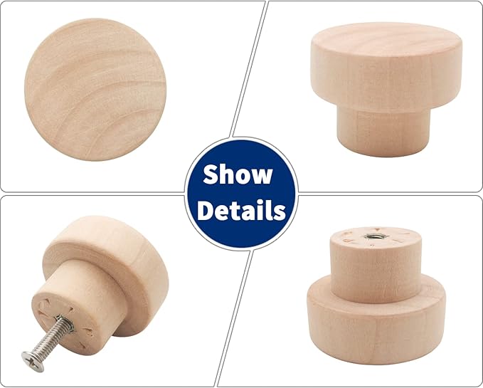 16PCS Wood Knobs Flat Top Round Cabinet Knobs 1.39"(35mm) Unfinished Wooden Dresser Drawer Pulls Kitchen Cabinet Handles