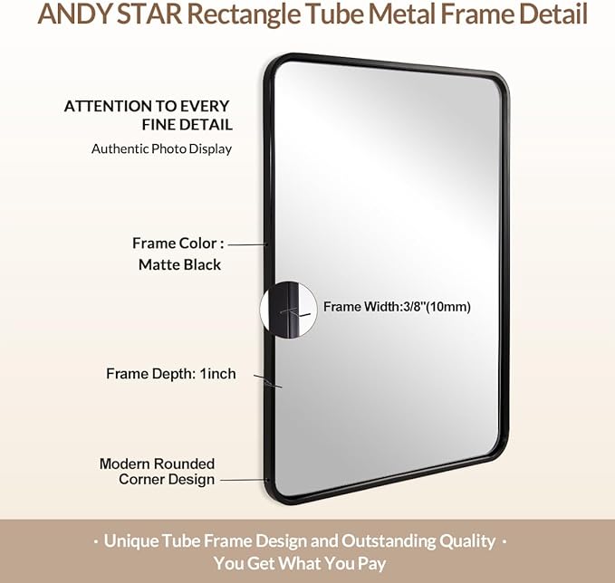 ANDY STAR 36X36 Inch Square Black Bathroom Mirror, Matte Black Vanity Mirrors for Wall, Rounded Square Mirror for Bathroom, Seamless Tube Metal Frame, 1’’ Deep Wall Mounted Vertical/Horizontal